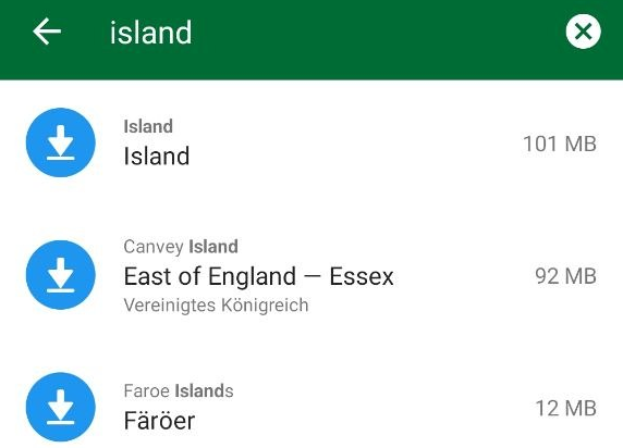 Organic Maps - Suchergebnis Island